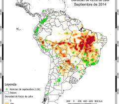 Mapa de densidad de focos de calor y noticias para el mes de septiembre de 2014