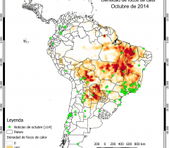 Mapa de densidad de focos de calor y noticias para el mes de octubre de 2014