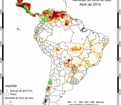 Mapa de densidad de focos de calor y noticias para el mes de abril de 2014