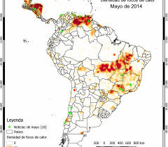 Mapa de densidad de focos de calor y noticias para el mes de mayo de 2014