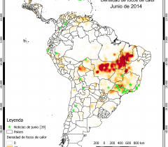Mapa de densidad de focos de calor y noticias para el mes de junio de 2014