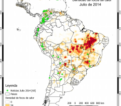 Mapa de densidad de focos de calor y noticias para el mes de julio de 2014